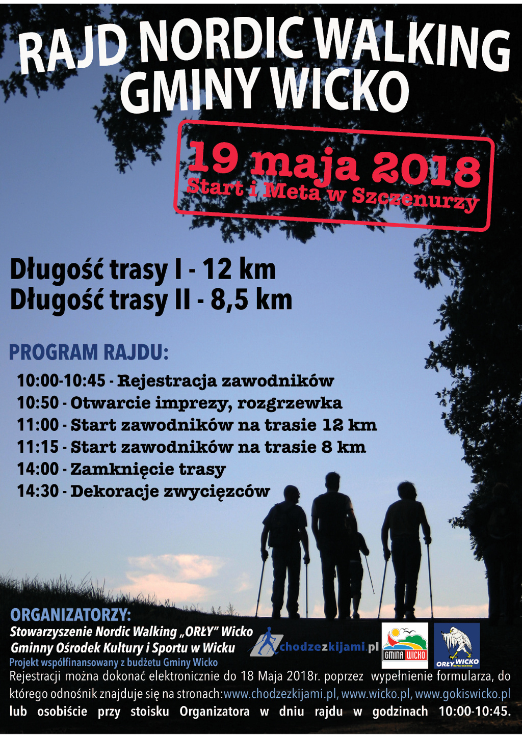 Plakat Rajd Nordic Walking Gminy Wicko 2018, zamierający wyżej umieszczone informacje.