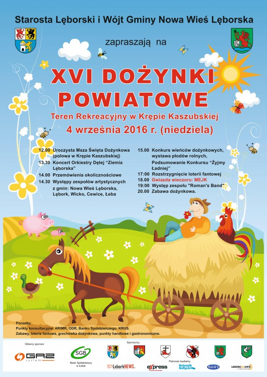 Plakat – na temat Dożynek Powiatowych 2016 w Krępie Kaszubskiej, plakat zawiera program zamieszczony powyżej i informacje o sponsorach.