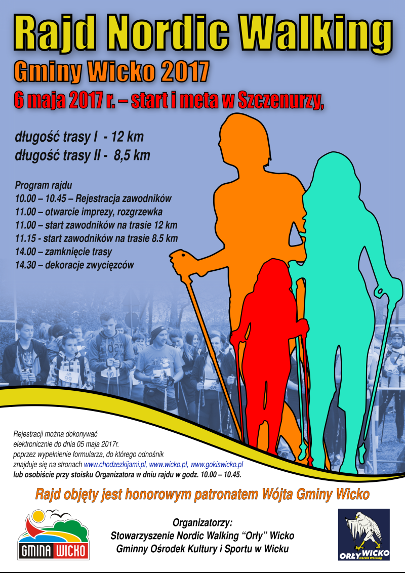 Plakat Rajdu Nordic Walking Gminy Wicko 2017 - plakat zawiera informacje zamiszczone powyżej.