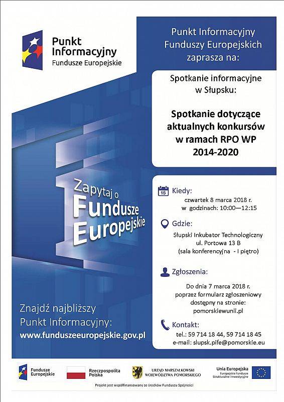 Grafika #0: Spotkanie informacyjne w Słupsku dotyczące aktualnych konkursów w ramach Regionalnego Programu Operacyjnego Województwa Pomorskiego na lata 2014-2020.